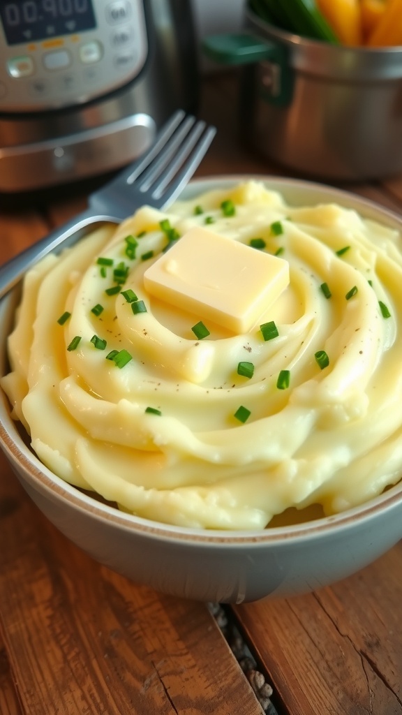 A bowl of creamy mashed potatoes topped with butter and chives on a rustic table.
